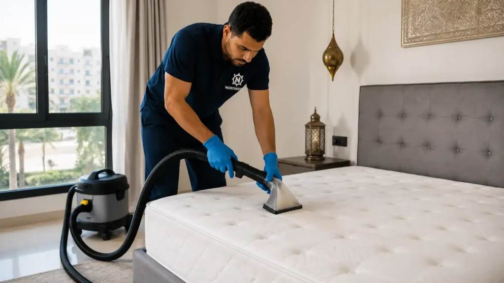 Technicien utilisant une machine nettoyage matelas professionnelle dans une chambre moderne à Tanger.