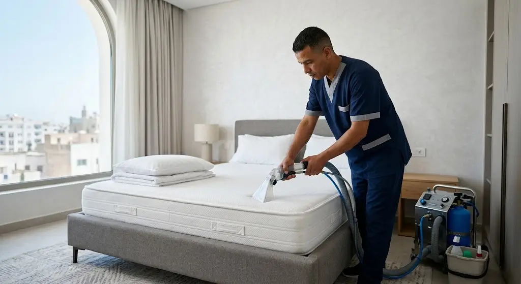 Technicien utilisant une machine nettoyage matelas professionnelle dans une chambre moderne à Tanger.
