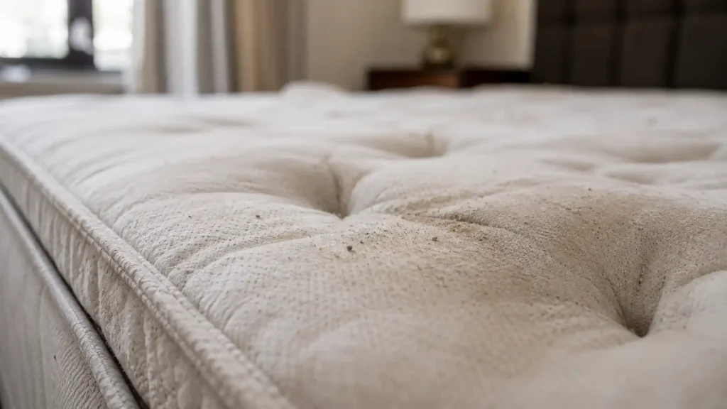 Gros plan sur un matelas sale nécessitant une intervention avec une machine nettoyage matelas.