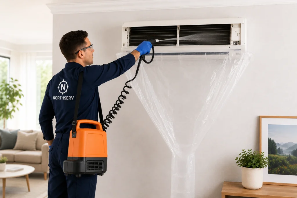 Nettoyage climatisation réalisé par un technicien NORTHSERV utilisant une bâche de protection et un nettoyeur haute pression pour nettoyer un climatiseur mural.