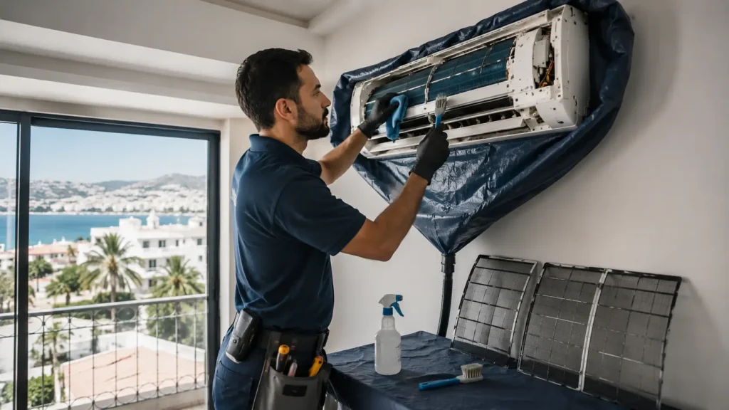 Technicien réalisant le nettoyage d’un climatiseur à Tanger