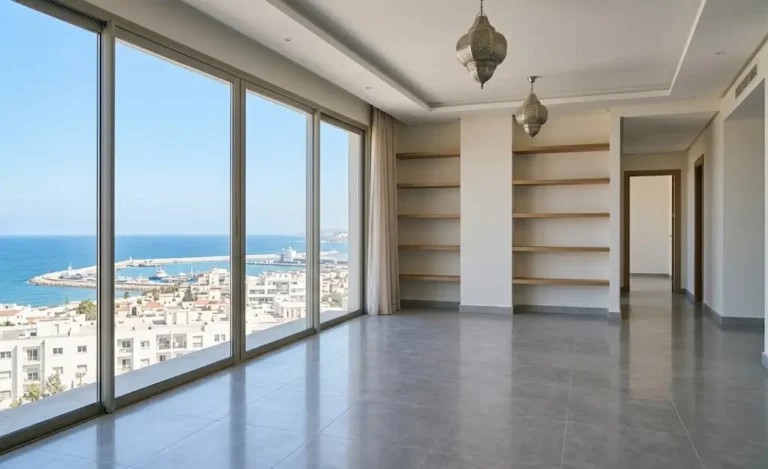 Salon d'un appartement moderne avec vue sur la mer, parfaitement propre et prêt à être emménagé suite à un nettoyage de fin de chantier.
