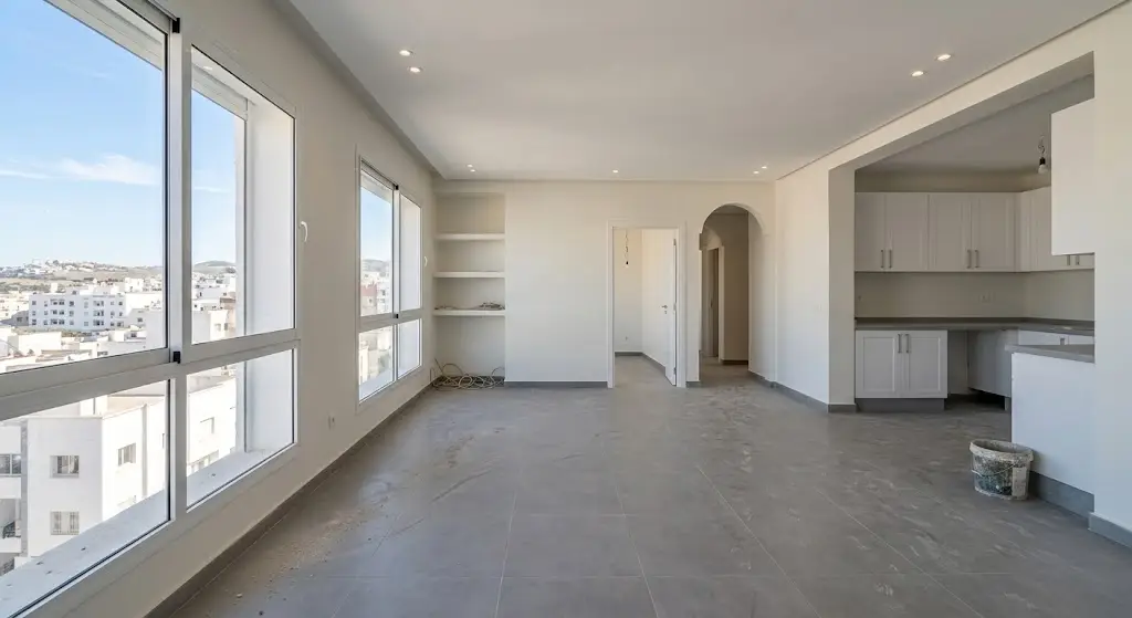 Appartement neuf avec sol poussiéreux et cuisine aménagée nécessitant un nettoyage de fin de chantier avant emménagement.