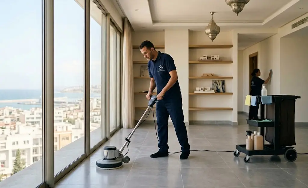 Technicien utilisant une monobrosse pour le nettoyage de fin de chantier des sols d'un appartement moderne avec vue sur la mer.