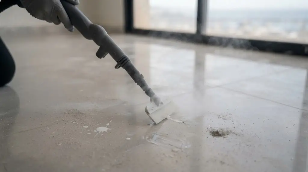 Un nettoyeur vapeur avec une brosse en action sur un carrelage en marbre dans le cadre d'un nettoyage de fin de chantier.