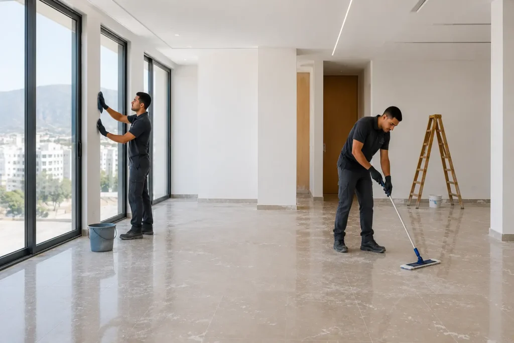 Équipe professionnelle de Northserv réalisant un nettoyage de fin de chantier à Tanger.