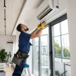 Nettoyage climatisation mural par un technicien qualifié en uniforme dans un appartement moderne.