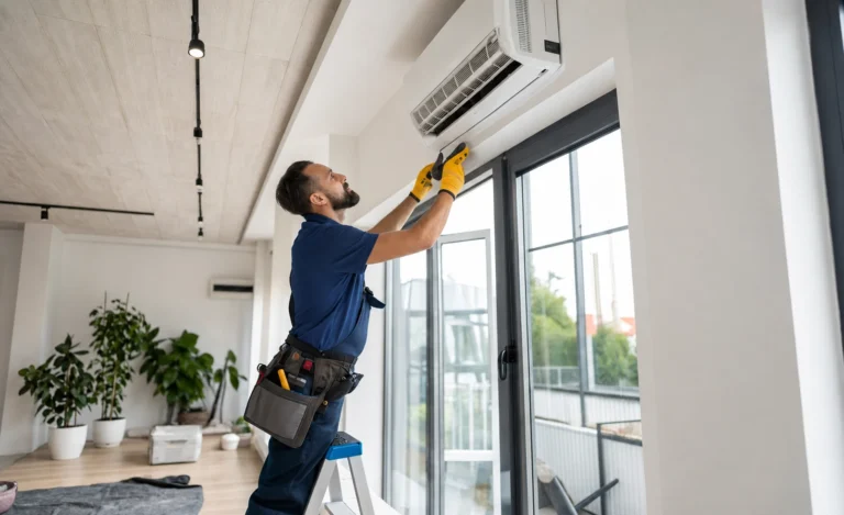 Nettoyage climatisation mural par un technicien qualifié en uniforme dans un appartement moderne.