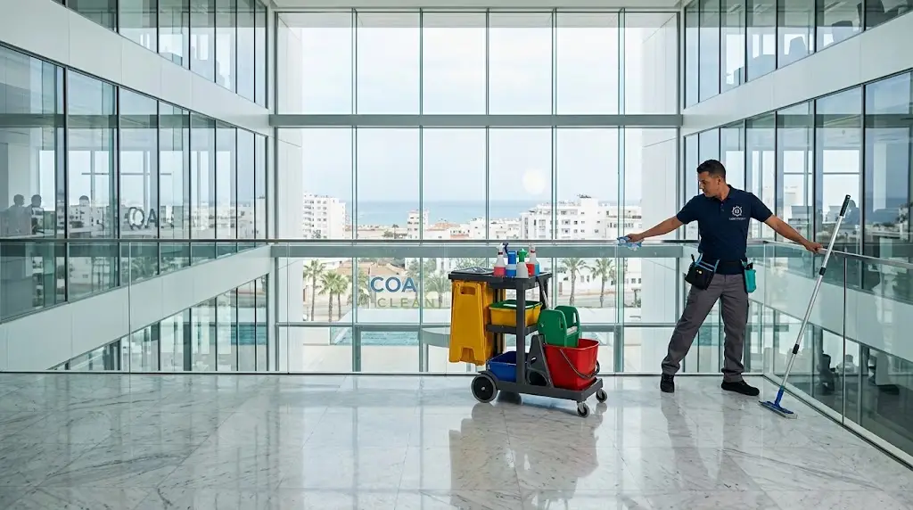 Agent de nettoyage professionnel nettoyant les vitres d’un immeuble de bureaux à Tanger