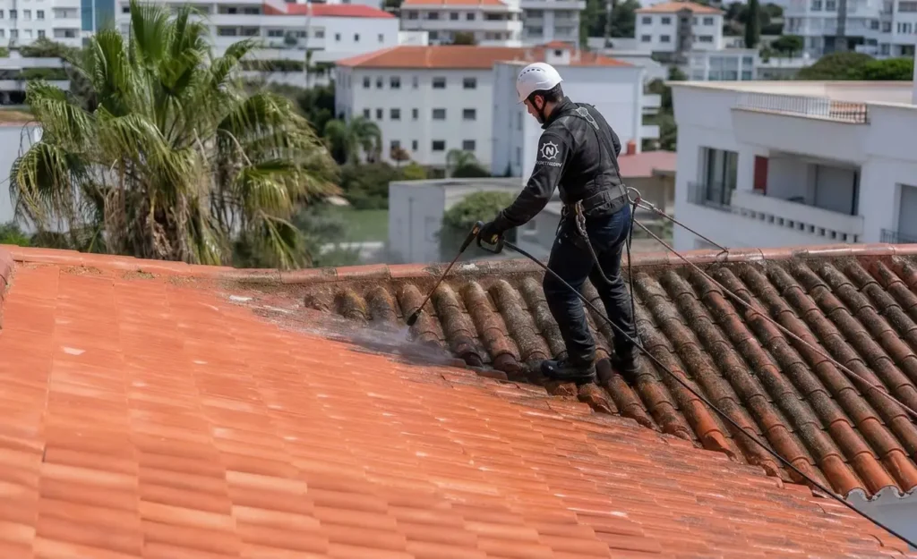 Un professionnel du nettoyage équipé d'un harnais de sécurité et d'un casque, utilisant un nettoyeur haute pression pour éliminer la mousse et les saletés sur un toit en tuiles romaines en terre cuite à Tanger.