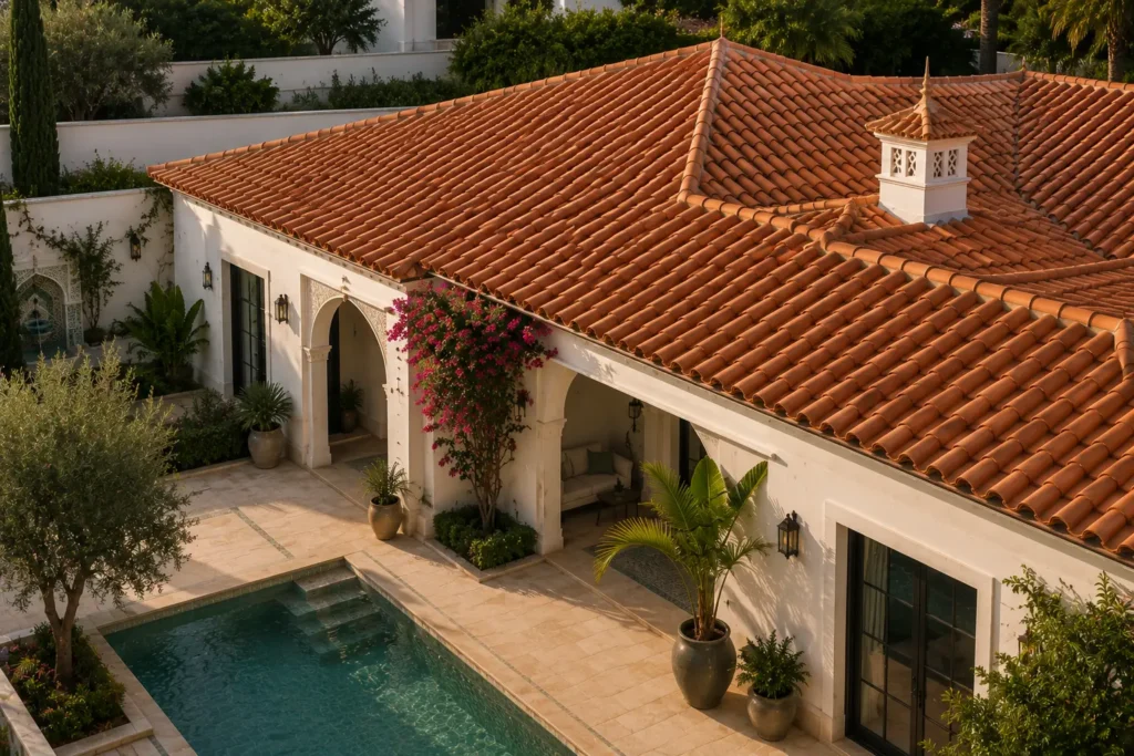 Nettoyage de toiture à Tanger sur une villa marocaine avec jardin et piscine