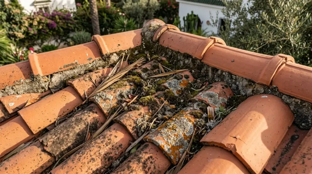 Gros plan d'un toit en tuiles de terre cuite à Tanger, montrant l'accumulation de mousse verte, de lichen gris et orange et de débris végétaux dans les joints.