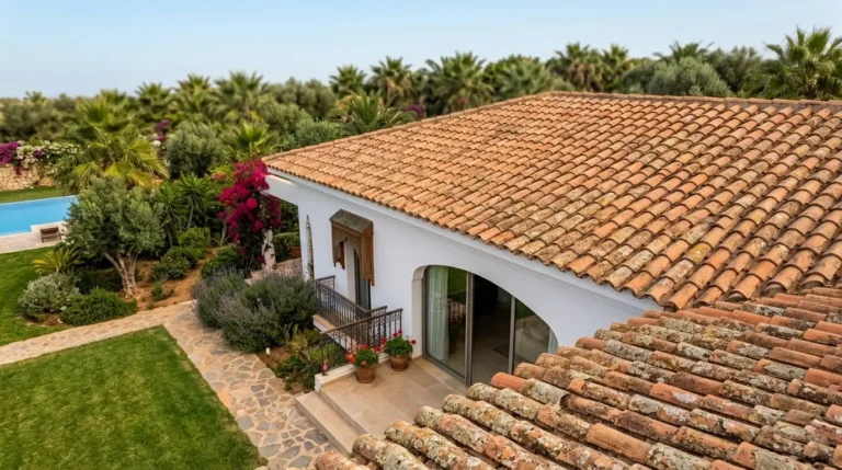 Vue panoramique d'une villa marocaine contemporaine à Tanger montrant une toiture en tuiles de terre cuite, un jardin paysager et une piscine.