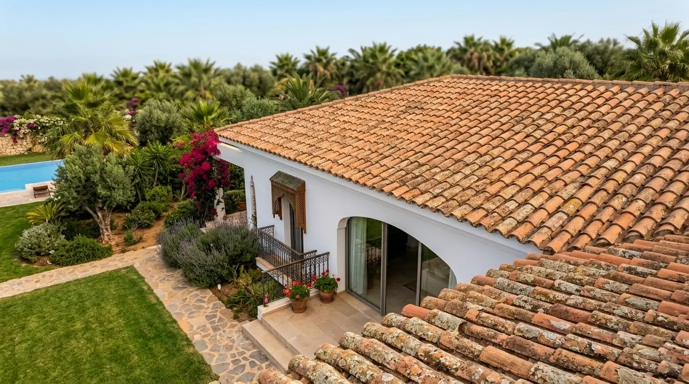 Vue panoramique d'une villa marocaine contemporaine à Tanger montrant une toiture en tuiles de terre cuite, un jardin paysager et une piscine.
