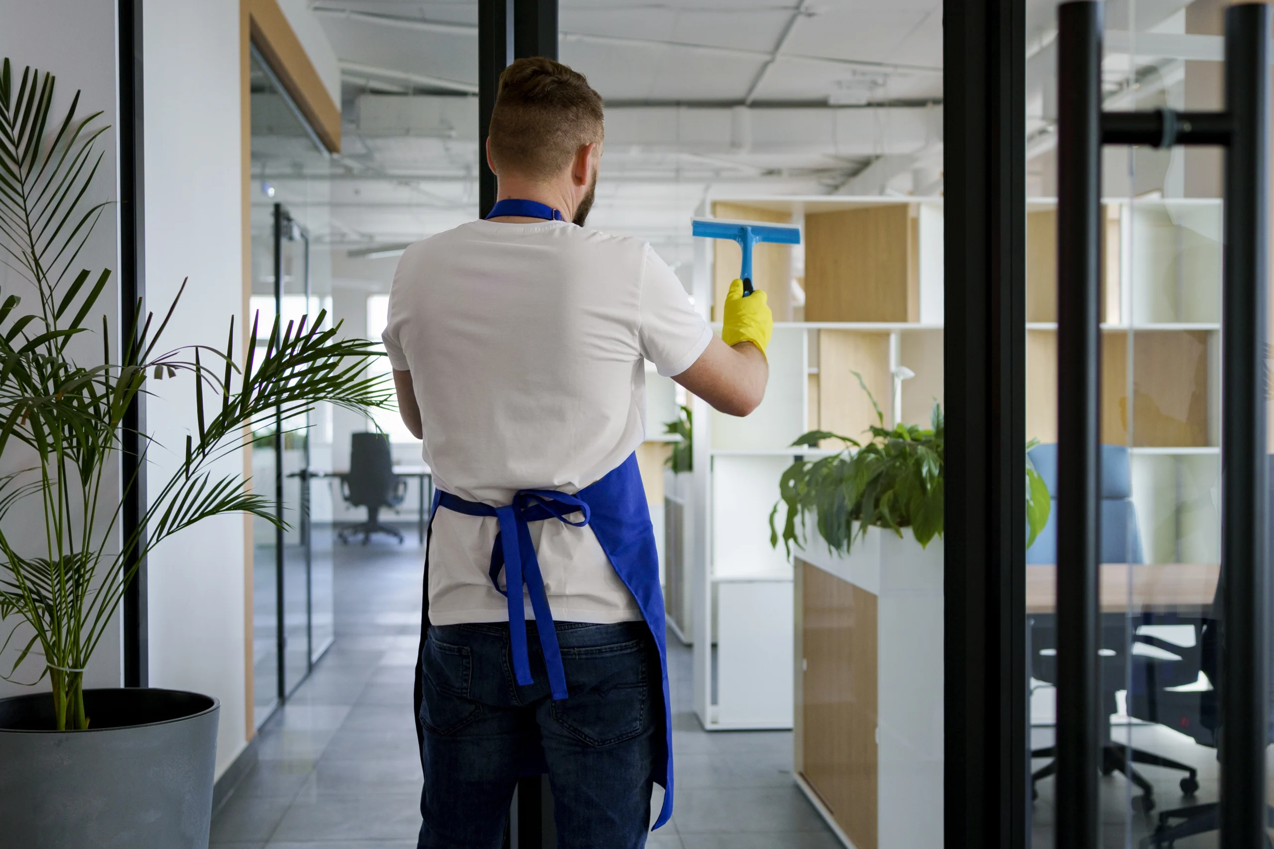 Homme de dos portant un tablier bleu et des gants jaunes, nettoyant la vitre d'un bureau avec une raclette.