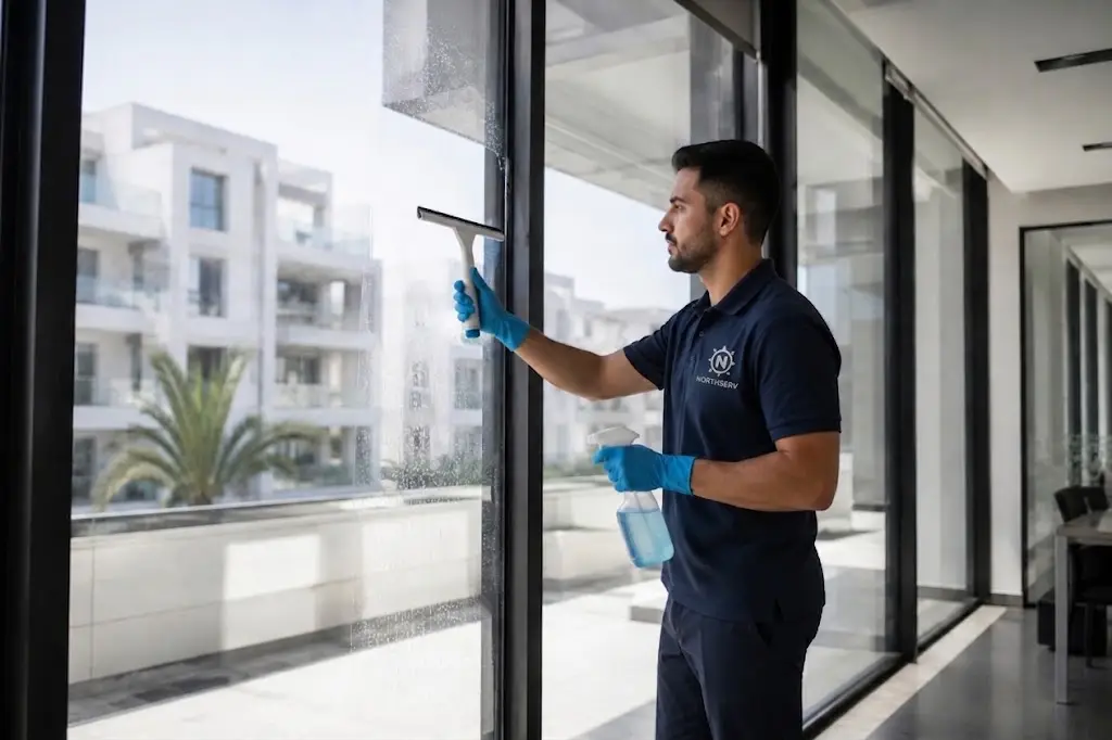 Agente de limpieza profesional limpiando las ventanas de un edificio moderno en Tánger.