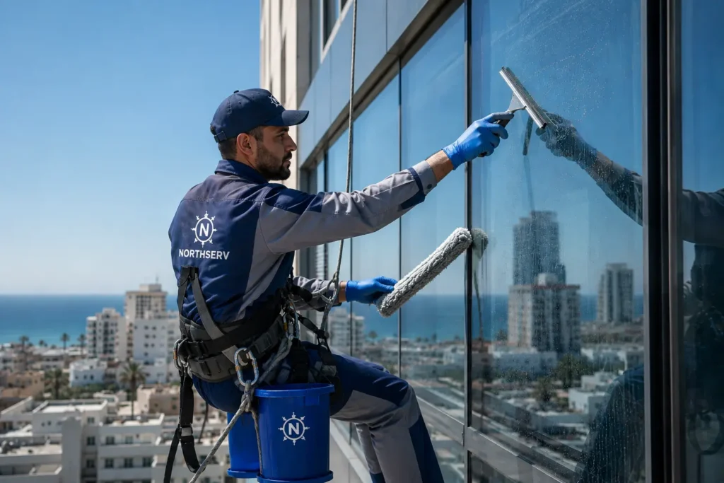 Nettoyage des vitres d'un immeuble professionnel à Tanger.