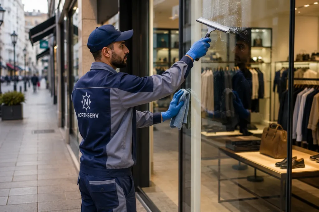 Nettoyage des vitres d'une vitrine commerciale à Tanger.