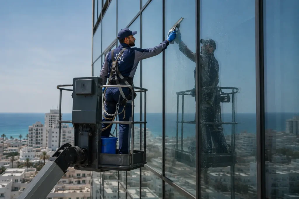 Nettoyage des vitres en hauteur par un professionnel.
