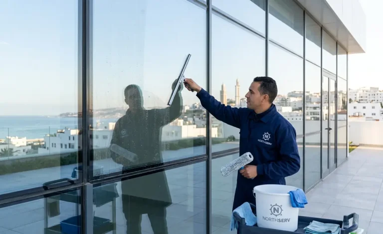 Agent Northserv nettoyant une grande baie vitrée avec une raclette sur une terrasse à Tanger, Maroc, avec vue sur la mer et la ville en arrière-plan.