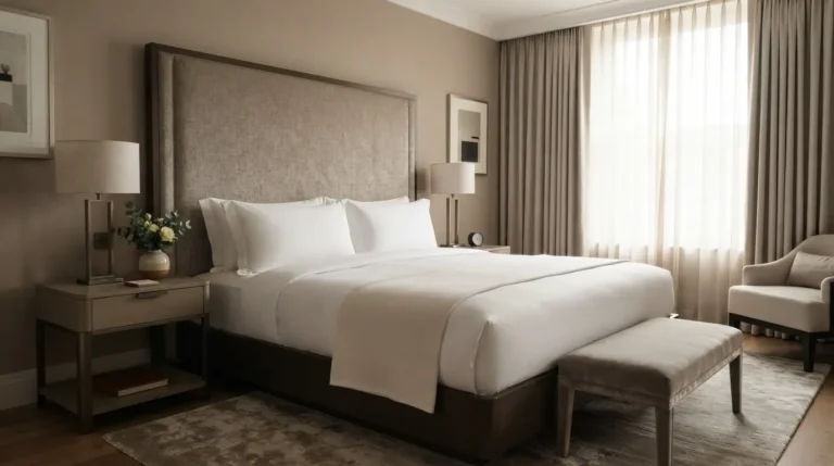Chambre d'hôtel de luxe avec un lit king-size et un matelas impeccable recouvert de literie blanche premium, après un nettoyage professionnel. (nettoyage de matelas)