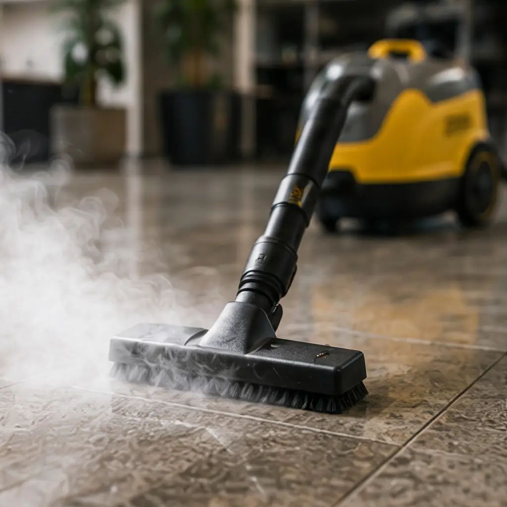 Nettoyeur vapeur professionnel utilisé sur un sol carrelé