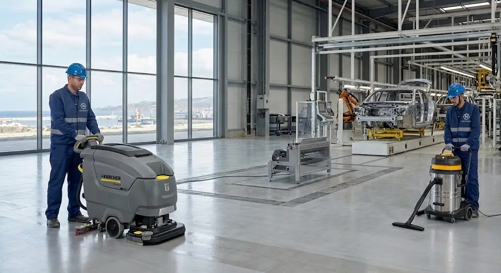 Agentes de limpieza de NORTHSERV realizando limpieza industrial en una fábrica de automóviles en Tánger.