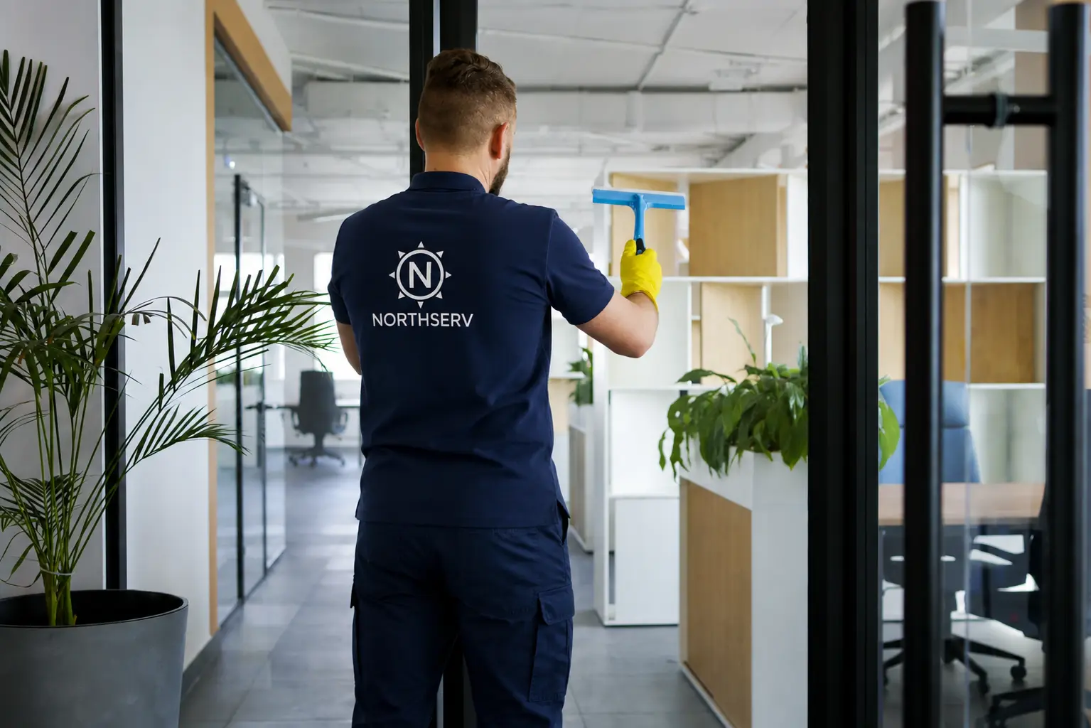 Professionnel NorthServ assurant le nettoyage des vitres dans un bureau à Tanger