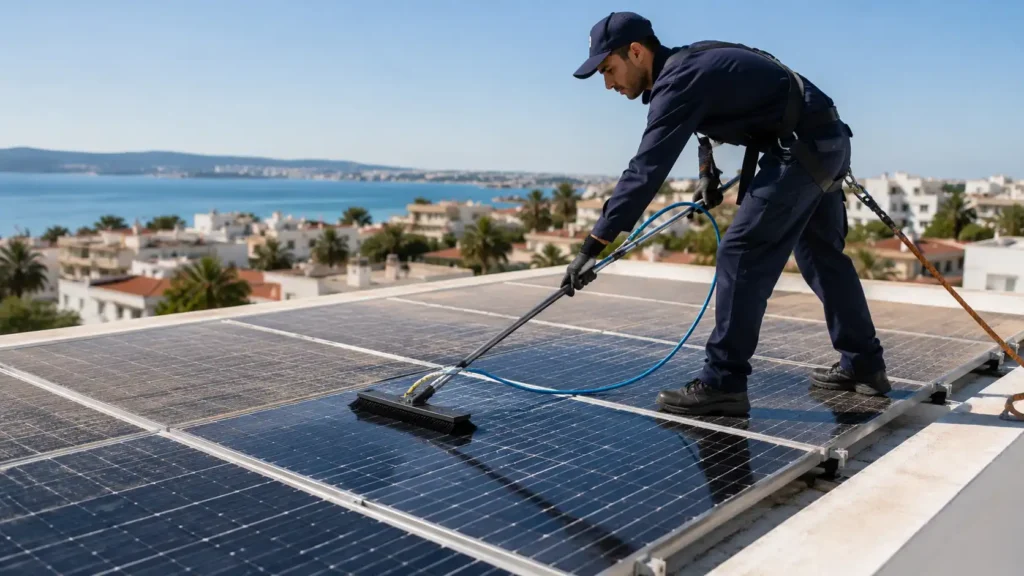 Limpieza de placas solares en Tánger. Técnico profesional limpiando paneles en un tejado.