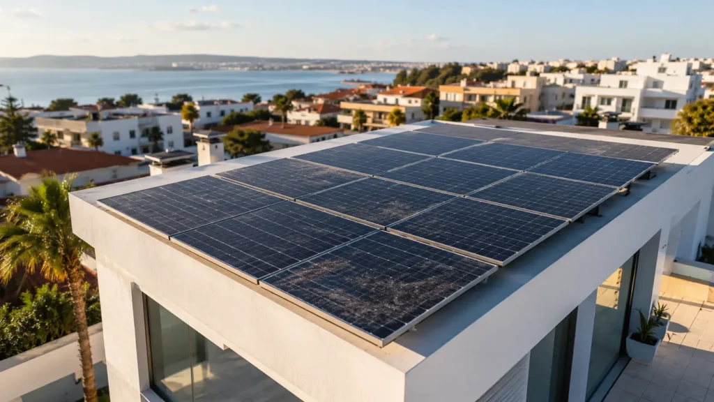 Mantenimiento de paneles solares en Tánger. Los paneles están sucios