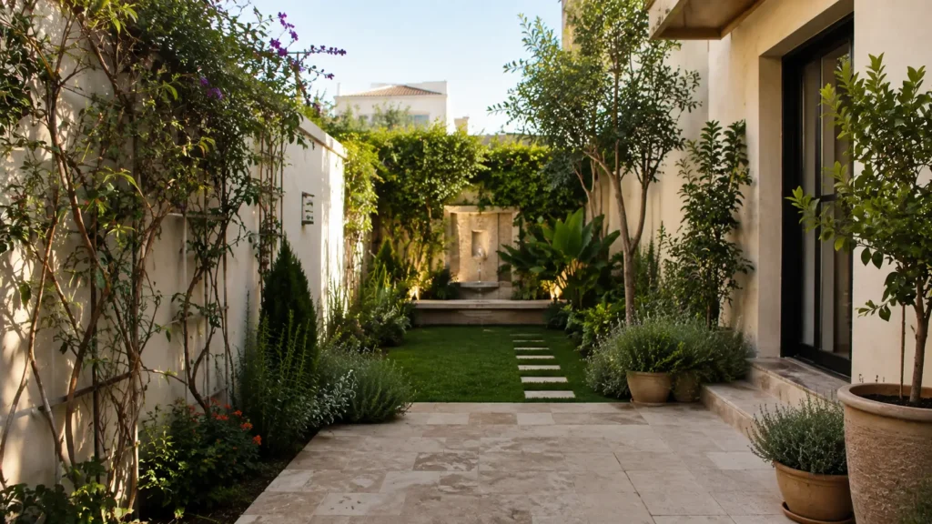 Petit jardin résidentiel à Tanger avec plantes verticales et espace extérieur optimisé
