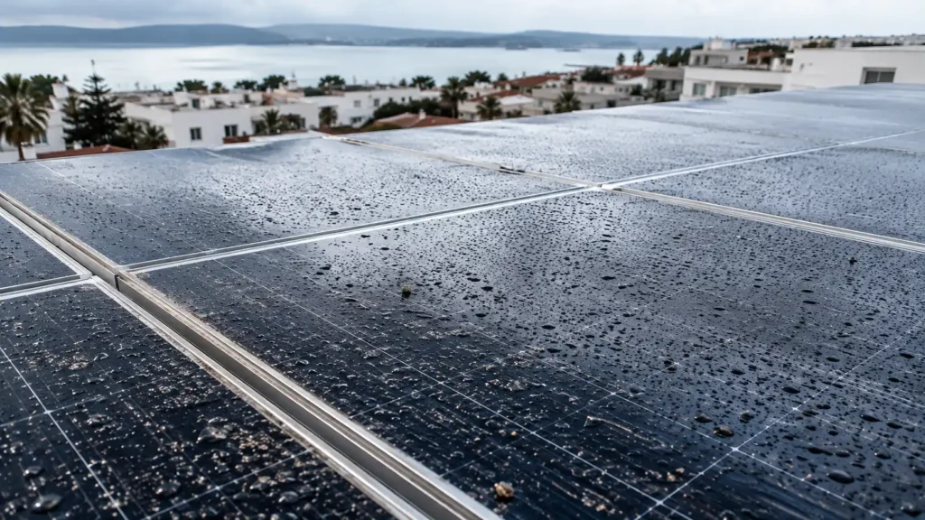 Limpieza de placas solares en Tánger. Los paneles están mojados tras la lluvia