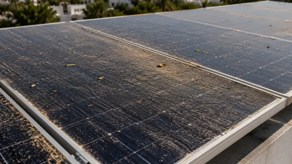 Limpieza de placas solares en Tánger. Paneles con acumulación de polvo y hojas
