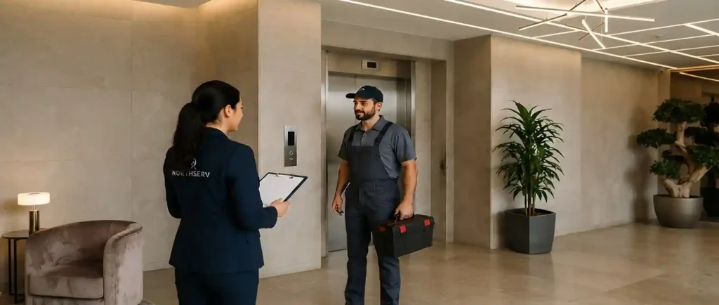 A Northserv concierge in a blazer with a clipboard meets a technician with a toolbox in a modern lobby.