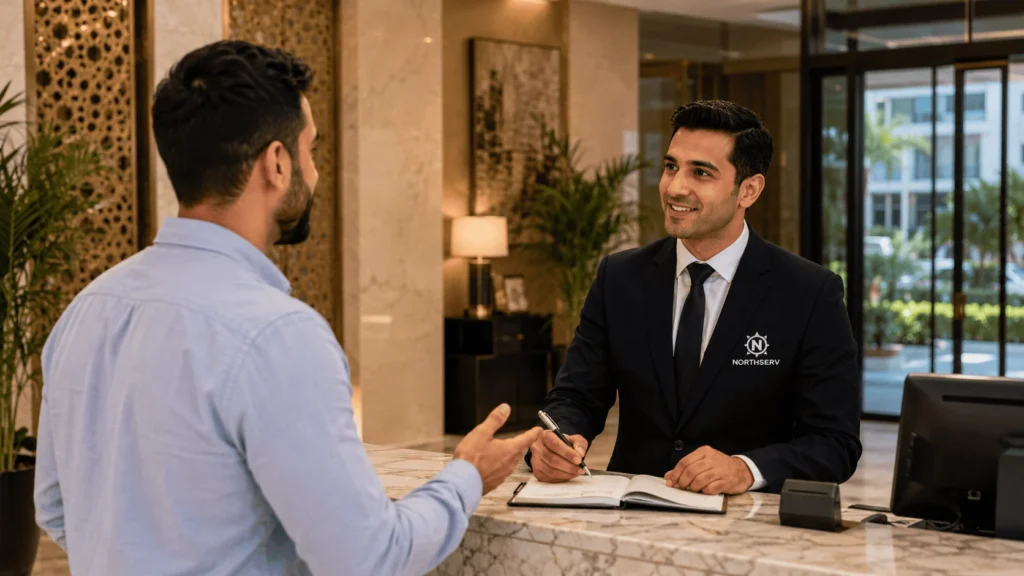 Un concierge Northserv note les demandes d'un résident dans un carnet au comptoir, illustrant les services proposés lors de la recherche de Private Concierge Companies in Tangier: How to Choose the Right Service.