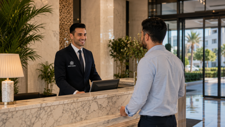 Un réceptionniste Northserv souriant derrière le comptoir d'un hall d'immeuble de luxe, illustrant l'importance de choisir Private Concierge Companies in Tangier: How to Choose the Right Service.