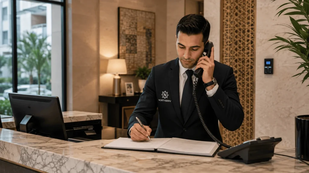 Un agent de conciergerie Northserv répond au téléphone tout en prenant des notes, illustrant les services de qualité recherchés parmi les Private Concierge Companies in Tangier: How to Choose the Right Service.