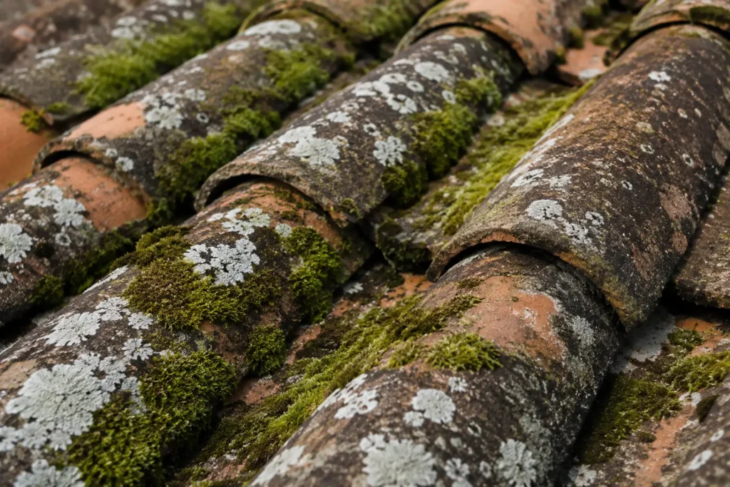 Tuiles de toiture anciennes couvertes de mousse verte et de lichens