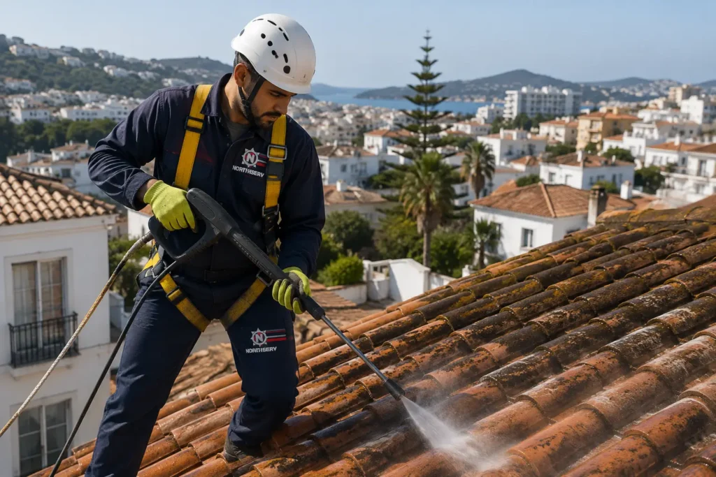 Technicien équipé nettoyant une toiture en tuiles à Tanger
