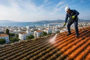 Technicien professionnel nettoyant une toiture en tuiles à Tanger avec un équipement de sécurité adapté