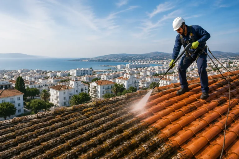 Technicien professionnel nettoyant une toiture en tuiles à Tanger avec un équipement de sécurité adapté