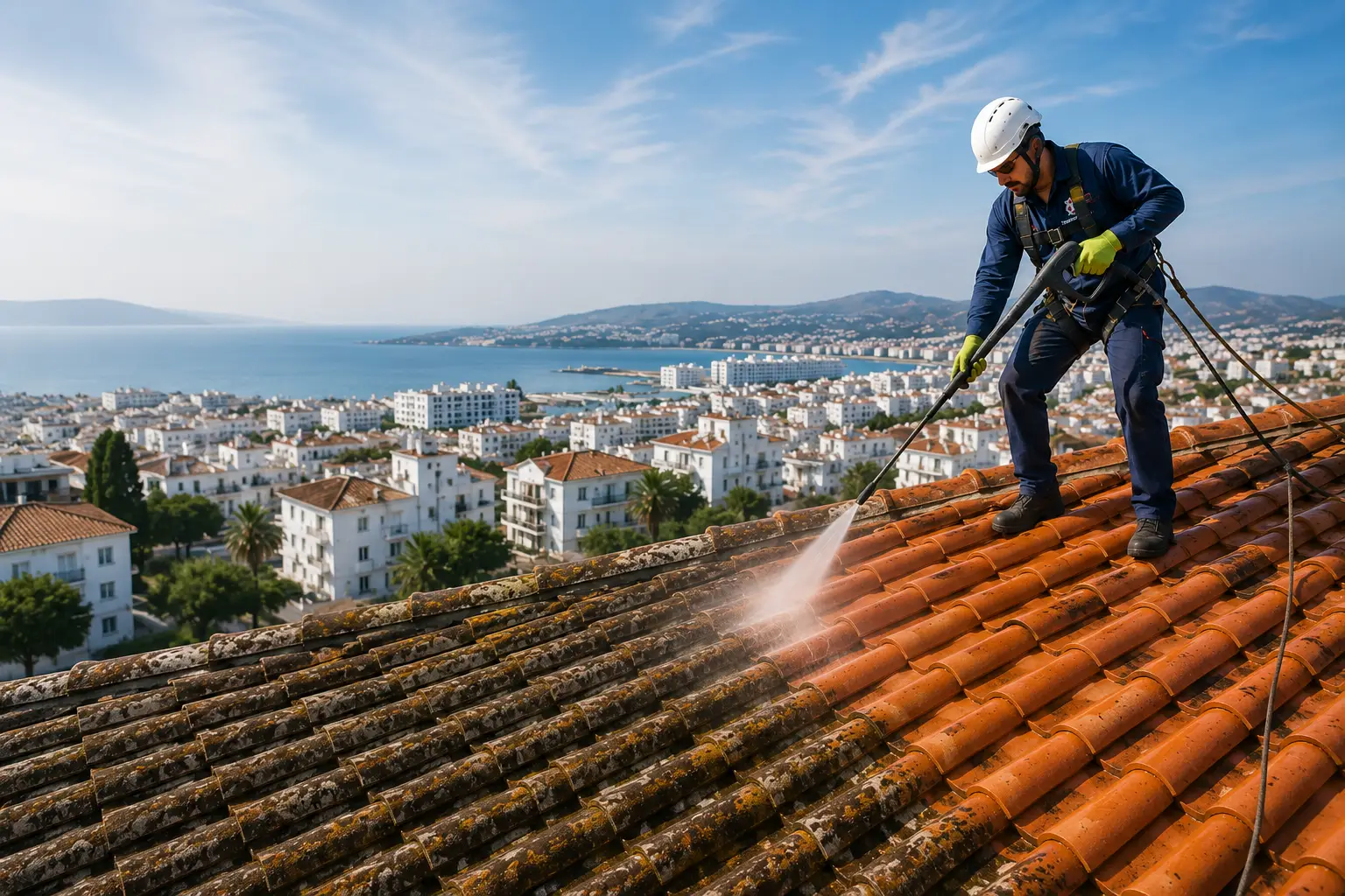 Technicien professionnel nettoyant une toiture en tuiles à Tanger avec un équipement de sécurité adapté