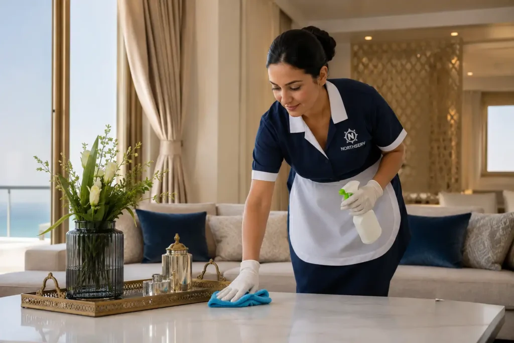 Professionnelle effectuant un service de ménage à domicile à Tanger : une solution pratique pour votre quotidien dans un appartement moderne avec vue sur mer.