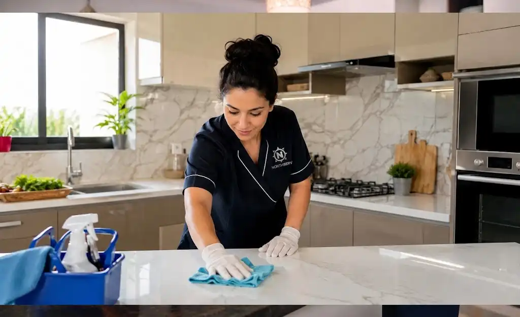 Femme de ménage en uniforme nettoyant un plan de travail en marbre dans une cuisine moderne à Tanger, Maroc, illustrant notre Service de ménage à domicile à Tanger.