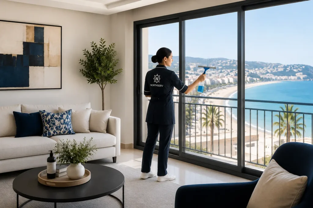 Employée de ménage nettoyant les vitres d’un appartement à Tanger