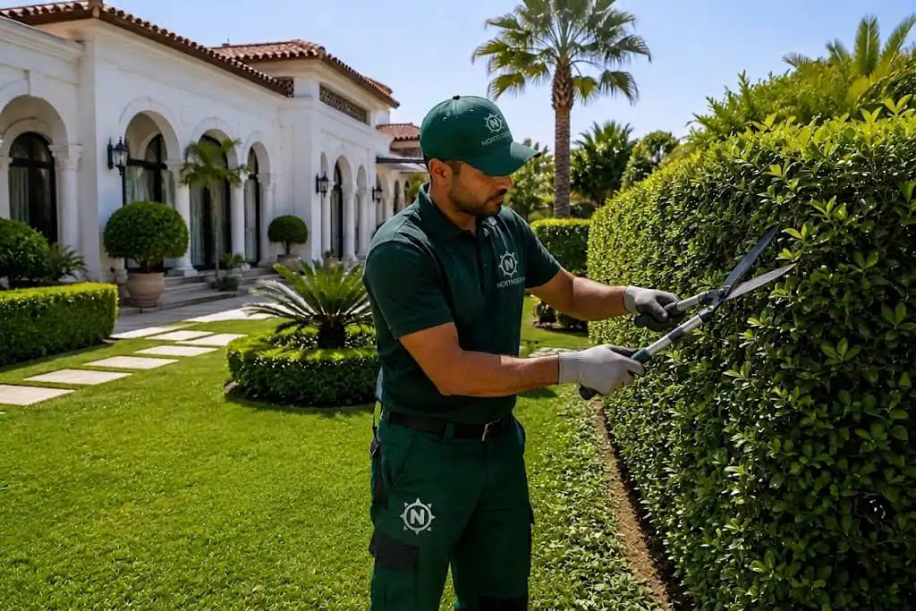 Jardinero profesional podando un seto verde con tijeras de mano como parte de los Servicios de jardinería en Tánger en una villa de lujo.