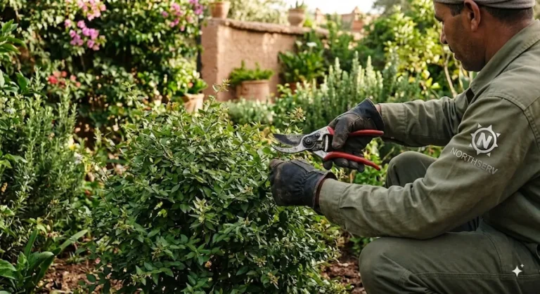 Jardinero profesional podando cuidadosamente un arbusto verde con tijeras manuales como parte de los Servicios de jardinería en Tánger.