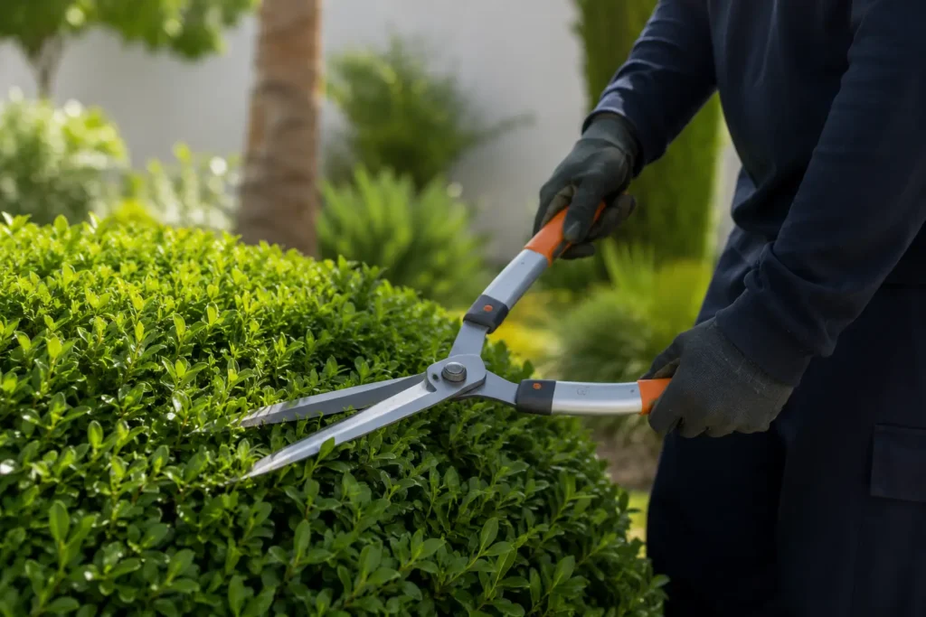 Jardinero realizando una poda topiaria de precisión en un arbusto verde con tijeras manuales como parte de los Servicios de jardinería en Tánger.