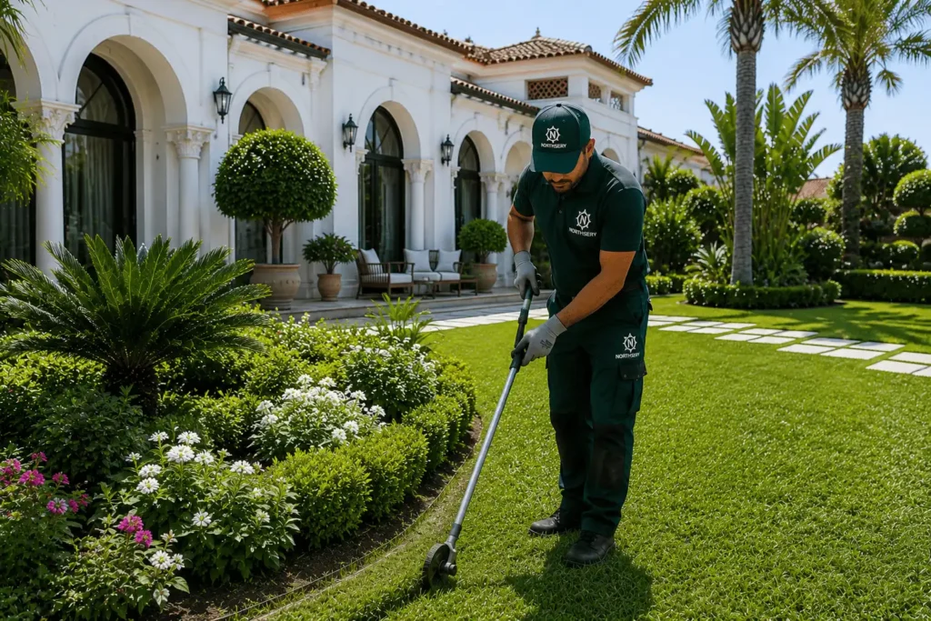 Jardinero uniformado perfilando los bordes del césped con una herramienta de precisión como parte de los Servicios de jardinería en Tánger en una propiedad de lujo.