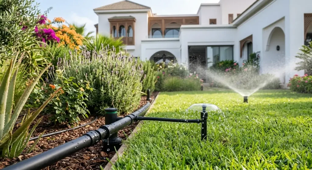 Vue rapprochée d'un système d'arrosage automatique par goutte-à-goutte dans un jardin au premier plan, avec une pelouse verte, des massifs de lavande et d'aloès, et une villa marocaine moderne en arrière-plan.
